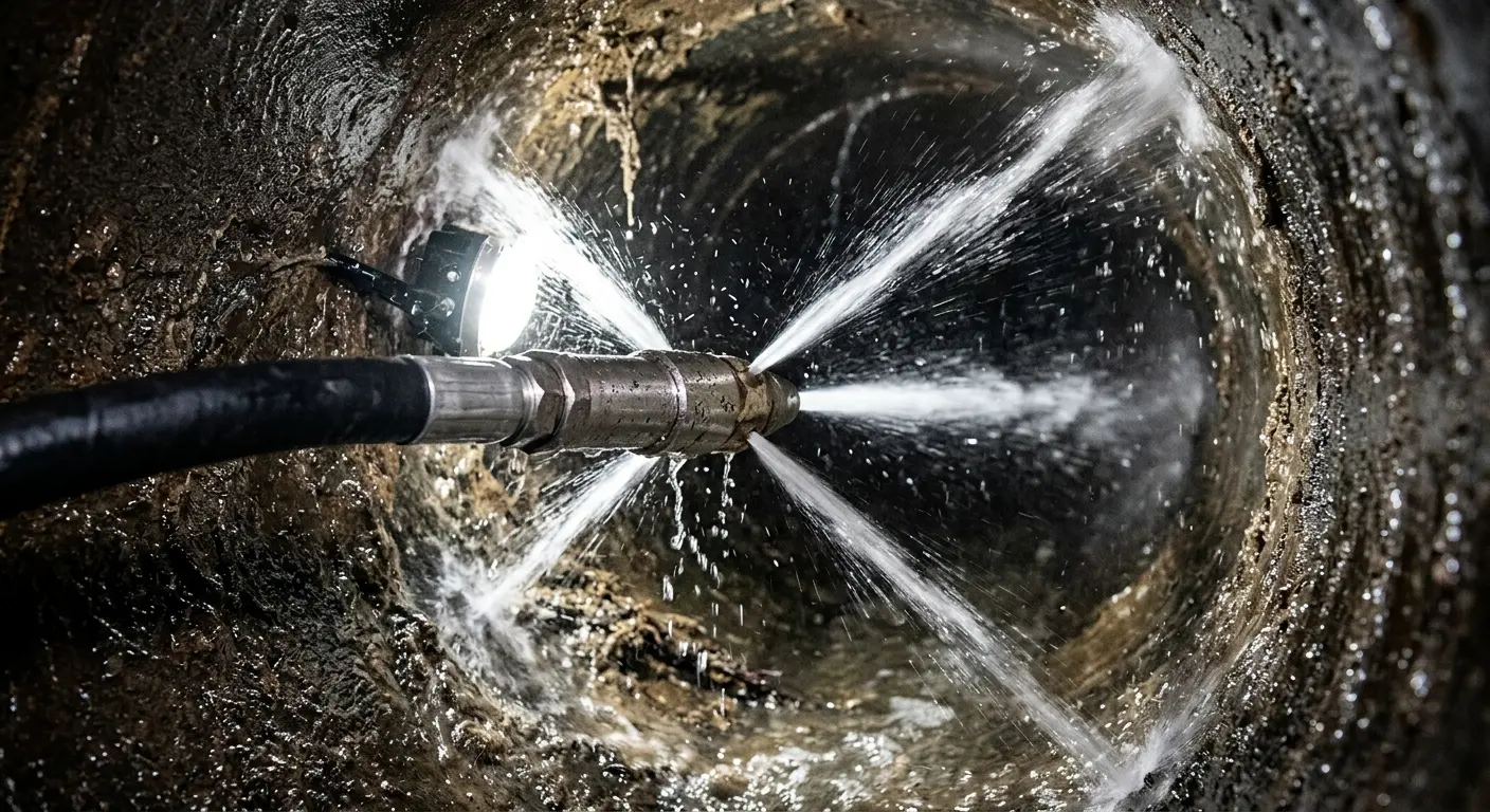 High-pressure hydro jetting nozzle cleaning sewer pipe for Emergency Drain Service in Benton Harbor