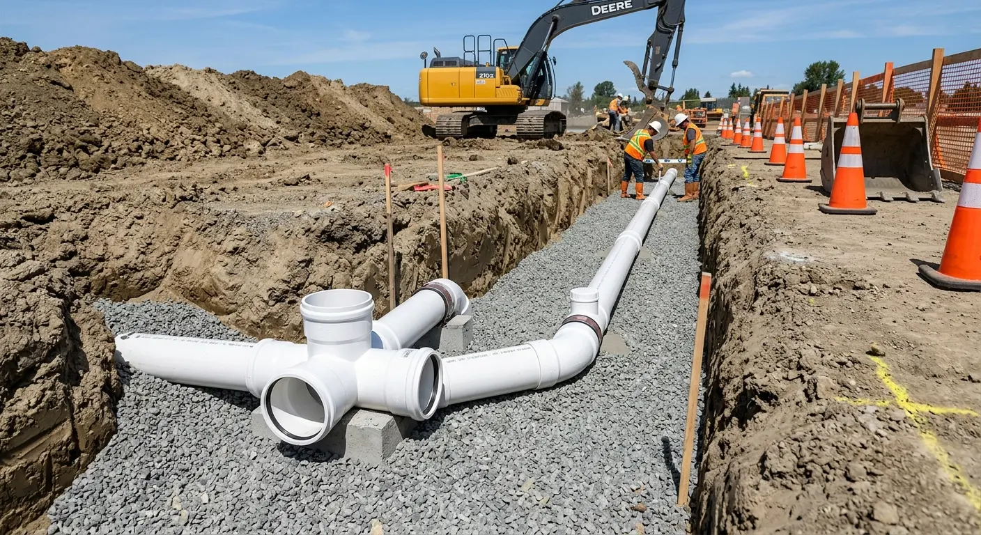 New PVC sewer pipe installation in open trench for Sewer Backup in Benton Harbor